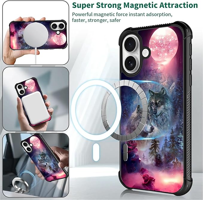 for iPhone 17 Case,for MagSafe Graphic Design for Girl Boy Soft Silicone Hard Acrylic Shock Protection Designed for iPhone 17 Star Two Wolfs Howling Pattern