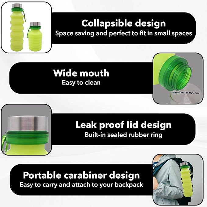 Gadgetime USA Collapsible Water Bottle (Yellow) - Reusable, BPA Free, Silicone, Foldable Portable & Leak Proof - Water Bottles for Travel Gym Camping Hiking - Sports Water Bottle with Carabiner