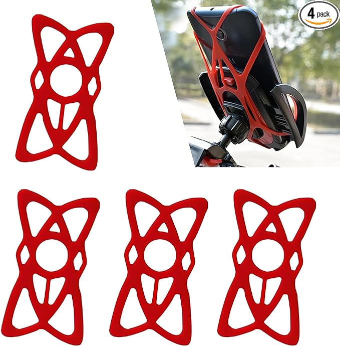 4 PCS Motorcycle Phone Mount Tether, Anti-Slip Adjustable Silicone Strap Outdoor Phone Holder, X-Shape Highly Elastic GPS Mount Tether for Handlebar, Universal for Motorcycles Bikes (Red)