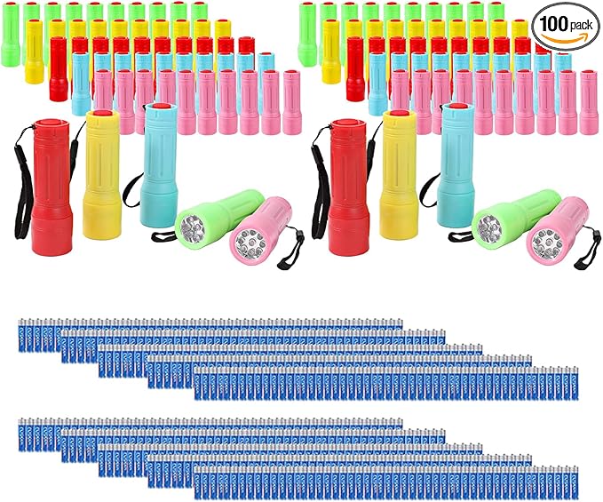 100 Pack Mini Flashlights Bulk, Small Multicolor Flashlights Bulk with Lanyard, 300 AAA Batteries Included for Hurricane Supplies Camping Essentials Emergency Christmas Party Favors Halloween Gifts