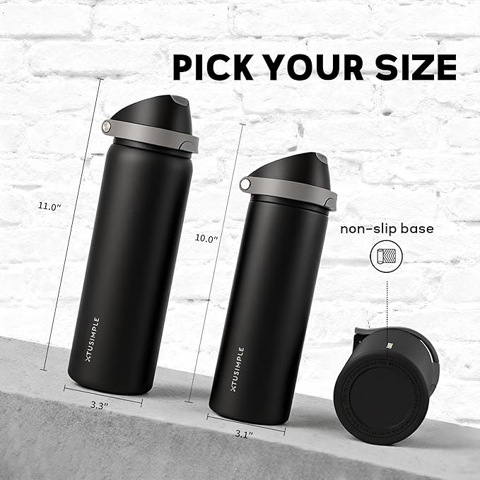 32 oz Insulated Water Bottle for Travel, 2-in-1 Quick Flip Straw and Push Button Spout Lid, Triple Walled Vacuum Stainless Steel Keep Cold for 30Hrs, Leakproof, for Gym, Hiking, Trip, Black