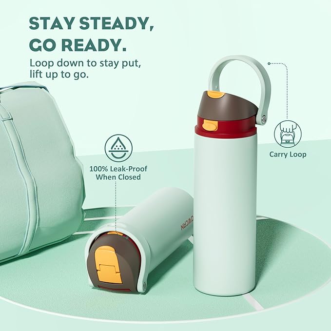 POWCAN 24 oz Travel Water Bottle: 2-in-1 Push-Button Spout & Quick-Flip Straw, Leakproof, Cold 24Hrs, Fits Car Cup Holder, Stainless Steel Sports Cup for School, Travel, Gym, Outdoor Gift (Clay Bay)