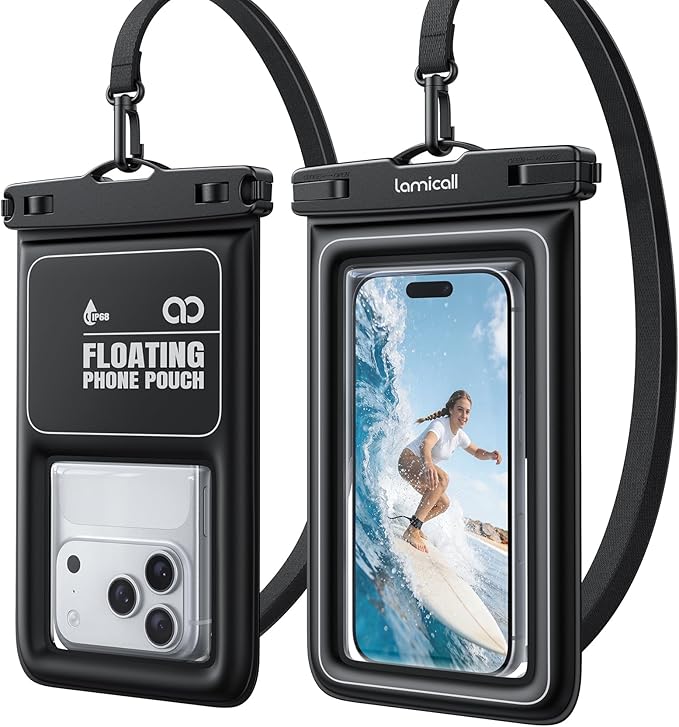 Lamicall IP68 Floating Waterproof Phone Pouch - [2 Pack][Anti-Pop Lock] Dustproof Cell Phone Dry Bag Case with Lanyard, Beach & Cruise Gifts for Mothers iPhone 17 16 15 Pro Max, Galaxy S25, 4-8.5"