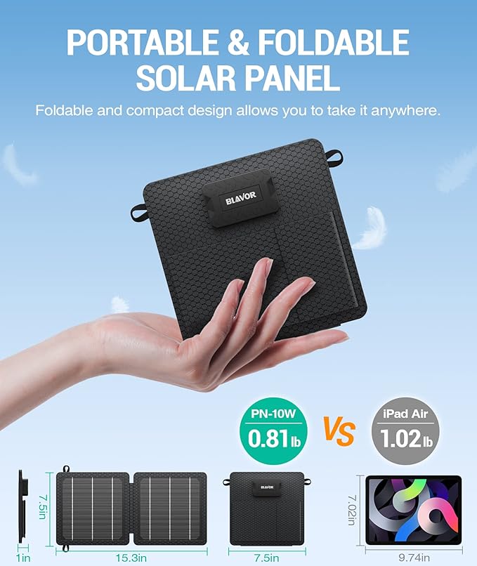 BLAVOR 10W Portable Solar Charger(5V/2A Max), Small Foldable Solar Panel with USB-C USB-A Outputs Compatible with Cell Phone Tablet, IPX4 Waterproof for Camping, Hiking, Backpacking