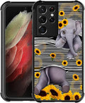 for Samsung Galaxy S21 Ultra Case, Cute Little Elephant Sunflower White Line Art Pattern Graphic Design Soft Silicone Hard Acrylic Shock Protection for Samsung Galaxy S21 Ultra