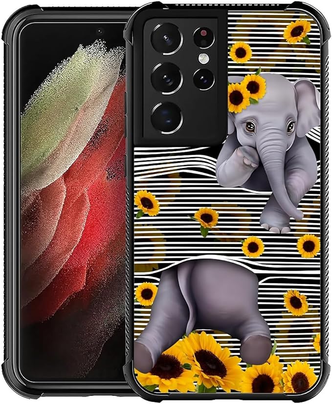 for Samsung Galaxy S21 Ultra Case, Cute Little Elephant Sunflower White Line Art Pattern Graphic Design Soft Silicone Hard Acrylic Shock Protection for Samsung Galaxy S21 Ultra