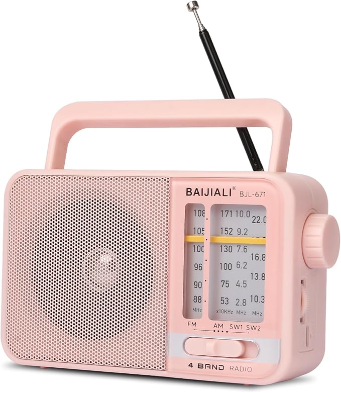 Portable AM/FM Transistor Radio with Loud Speaker, Battery or USB Powered - Compact Emergency Radio for Indoor, Outdoor, Travel & Storms (BJL-671, Pink)