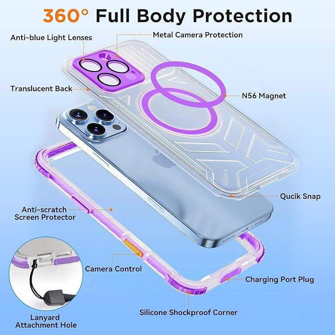 WIFORT for iPhone 16 Pro Waterproof Case, [IP68 Underwater] [Blue Light Filter Lens] [15FT Military Shockproof], Fit for Magsafe Full Body Magnetic Frosted Phone Case with Lanyard, 6.3" Purple