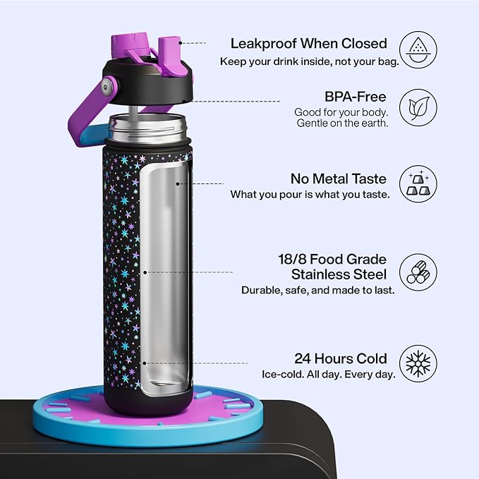 ENCOOL Insulated Water Bottle with Straw Stainless Steel Water Bottle, Glow in the Dark, Leak-Proof, BPA-Free, Keeps Cold for 24 Hours for Sports, Travel, School (26 oz, Neon Starlight)