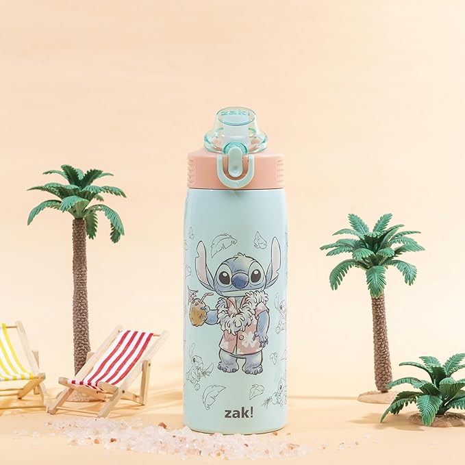 Zak Designs Disney Sage Kids Water Bottle For School or Travel, 19oz Stainless Steel Water Bottle With Straw, Handle, and Leak-Proof, Pop-Up Spout Cover (Stitch)