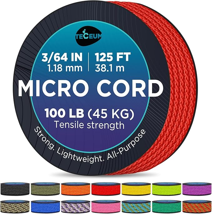 TECEUM Micro Paracord – 1.18 mm X 125 ft – Micro Utility Cord – Thin Braided Paracord Rope – Best for Crafting, DIY Projects, Fishing, Camping – Wind Chime Replacement – Survival Strong String