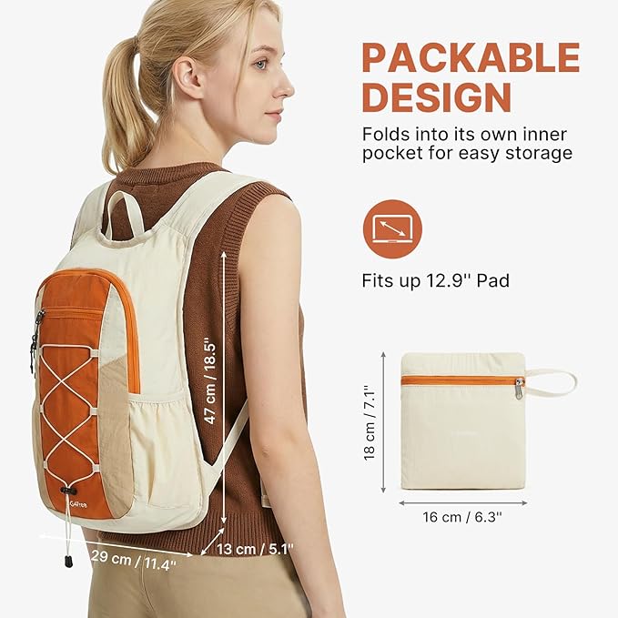 G4Free 20L Hiking Backpack Lightweight Daypack with Phone Pocket Small Packable Foldable Hiking Bag for Women Men, Orange+Beige