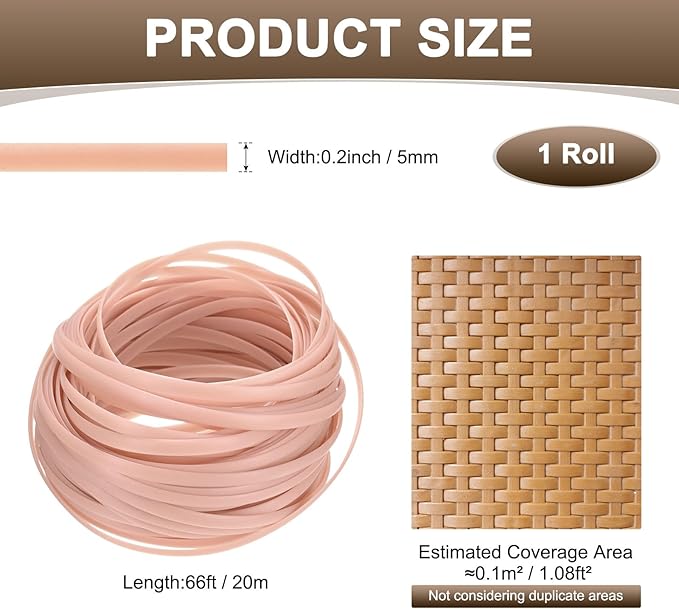 M METERXITY 1-Pack Wicker Repair Kit, 5mm x 66ft/20m Plastic Flat Rattan Replacement Supplies for Patio Furniture Repair/Basket Making/Chair Weaving, Synthetic Woven Rattan [Pink]