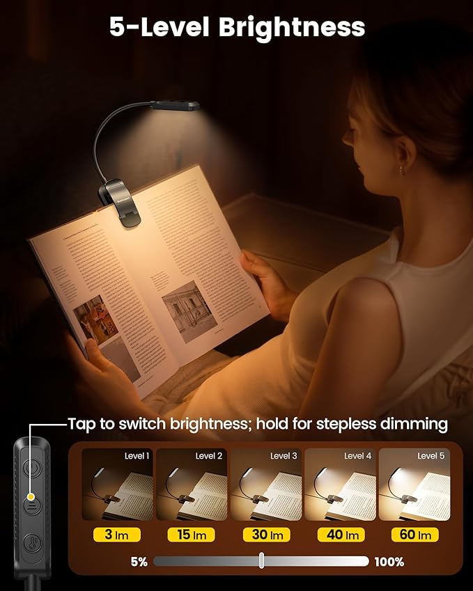 Glocusent 13 LEDs Book Lights for Reading at Night, 120 Hrs Runtime Rechargeable Reading Light, Eye Caring 3 Colors & 5 Stepless Dimming Brightness 3–60LM, Flexible Clip on Light for Book Lovers Kids
