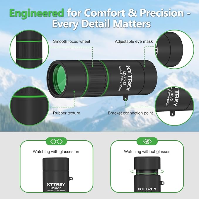 8x32 Monocular Telescope for Adults, High Power BAK4 Prism FMC Coating IPX7 Waterproof Compact Scope for Bird Watching Hunting Hiking Travel Gift with Carrying Case