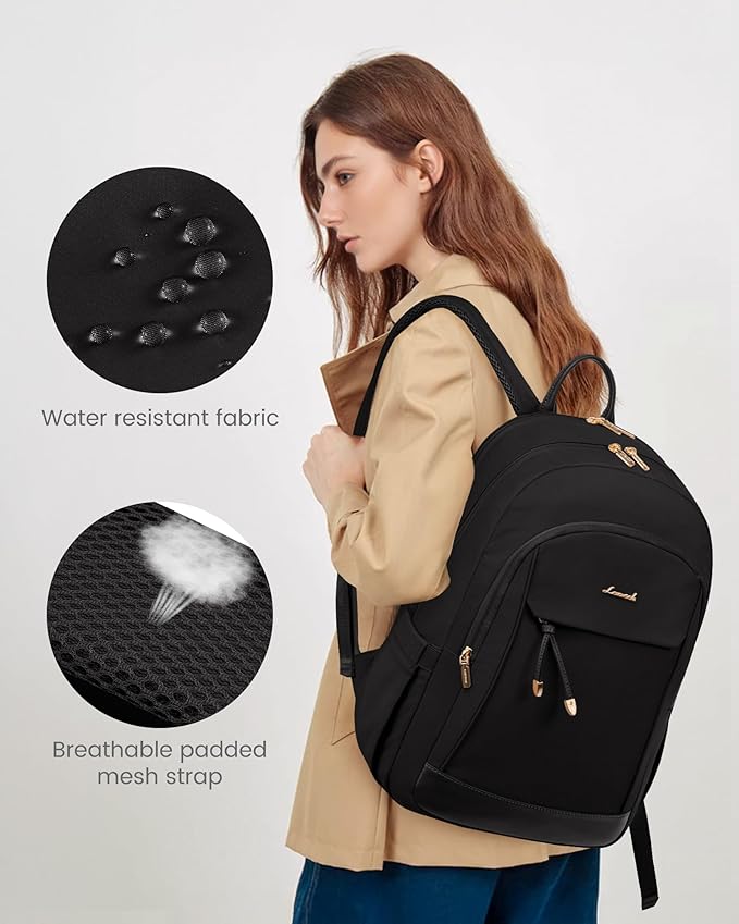 LOVEVOOK Laptop Backpack for Women, 15.6 inch Waterproof College Backpack Woman with Laptop Compartment Computer Bag Travel Backpack Purse, Large Black Computer Daypack for Work Casual, Black