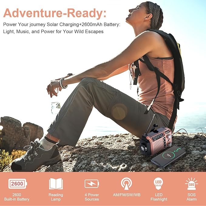Hand Crank Emergency Weather Radio with 2600mAh/9620mWh Power Bank, NOAA AM FM Shortwave Portable Radio, Solar & USB-C Charging, Flashlight, SOS Alarm for Emergency Kits (Brown)
