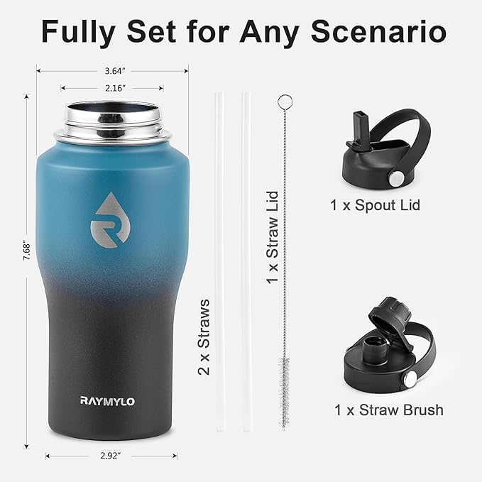 RAYMYLO 18 oz Insulated Water Bottle with Straw fit in Car Cup Holder, Triple Wall Vacuum Stainless Steel(Cold 48 hrs, Hot 24 hrs), Leakproof & Non-BPA, Hydro Travel Flask with Straw and Spout Lid