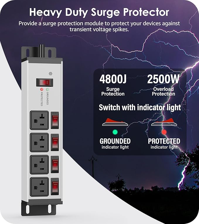 CCCEI Heavy Duty Surge Protector Power Strip 20 Amp Individual Switches. 20FT 12 Gauge Extension Cord with Multiple Outlets. Kitchen, Garage, Shop, Industrial Wall Mount Electric Extender, Grey.