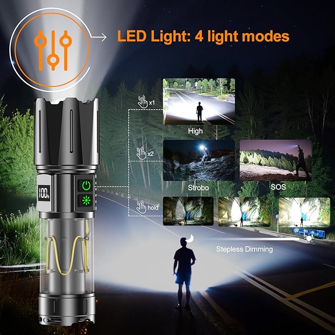 Super Bright Flashlight High Lumens 100000 Rechargeable, Powerful 50W LED, Long Lasting 30H, Daul Bottons 10Modes with Side Light, Quick USB C Charge & Output, Multi-functional for Home Camping Hiking