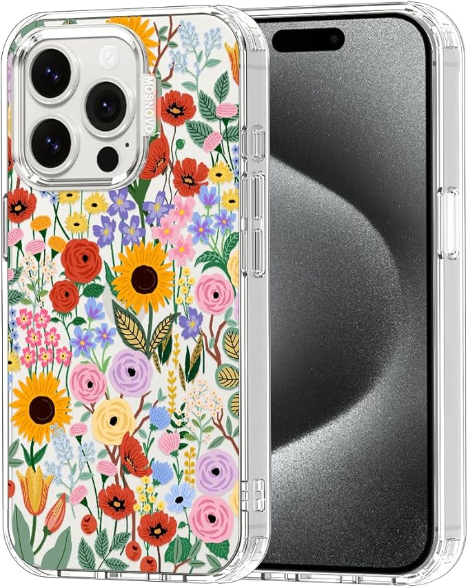 MOSNOVO Case for iPhone 15 Pro, [Buffertech 6.6ft Military-Grade Drop Protection] [Anti Peel Off Tech] Clear TPU Bumper Phone Case Cover Design - Blossom & Bloom