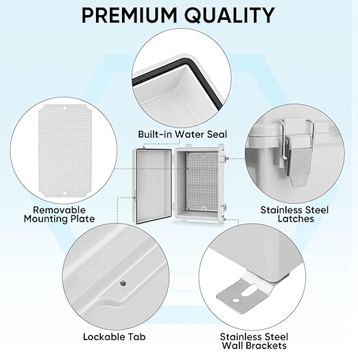 TICONN Outdoor Electrical Box Waterproof, Junction Box IP67 ABS Plastic Enclosure with Hinged Cover with Mounting Plate, Wall Brackets, Cable Glands (Off-White, 10.2"x6.3"x3.9")