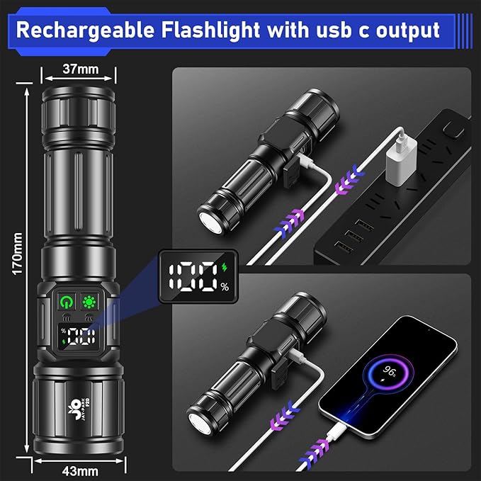 JAY-PARK Flashlights High Lumens, Rechargeable Flashlight 100000 Lumens with Magnetic, Bright Flash Light 9 Modes with 5000 mAh Battery, Tactical Flashlight for Camping, Hiking, Dog Walking
