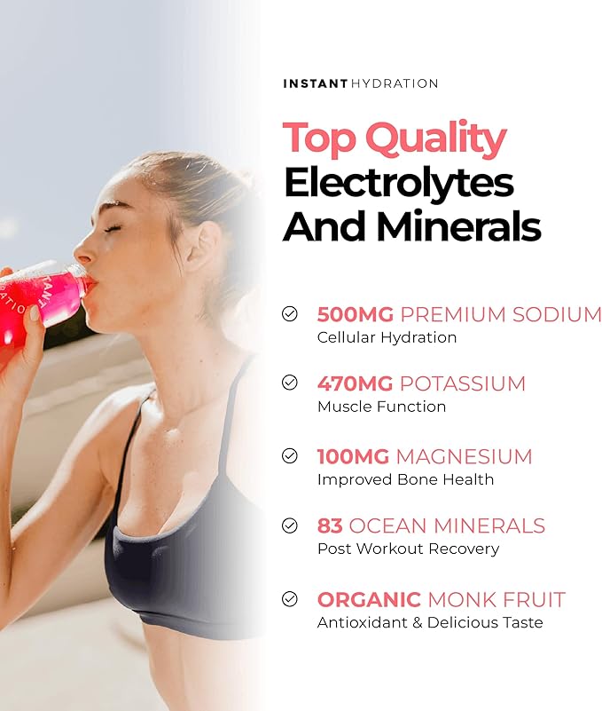Instant Hydration Sugar Free Electrolytes Powder Packets - Raspberry Electrolyte Drink Mix & Travel Essentials - Post Workout Recovery, Brain Health, Muscle & Tissue Support - 20 Count
