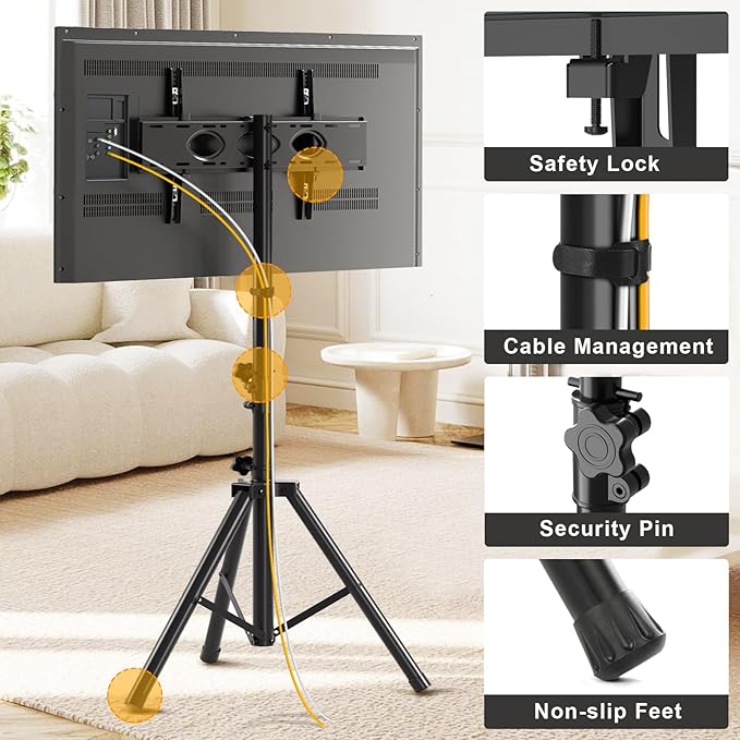 TVON TV Tripod Stand for 23-80 inch Flat Screen/Curved TVs, Portable TV Stand with ±15° Tilt and Height Adjustment Holds up to 100lbs, Floor TV Stand Display Max VESA 600x400m