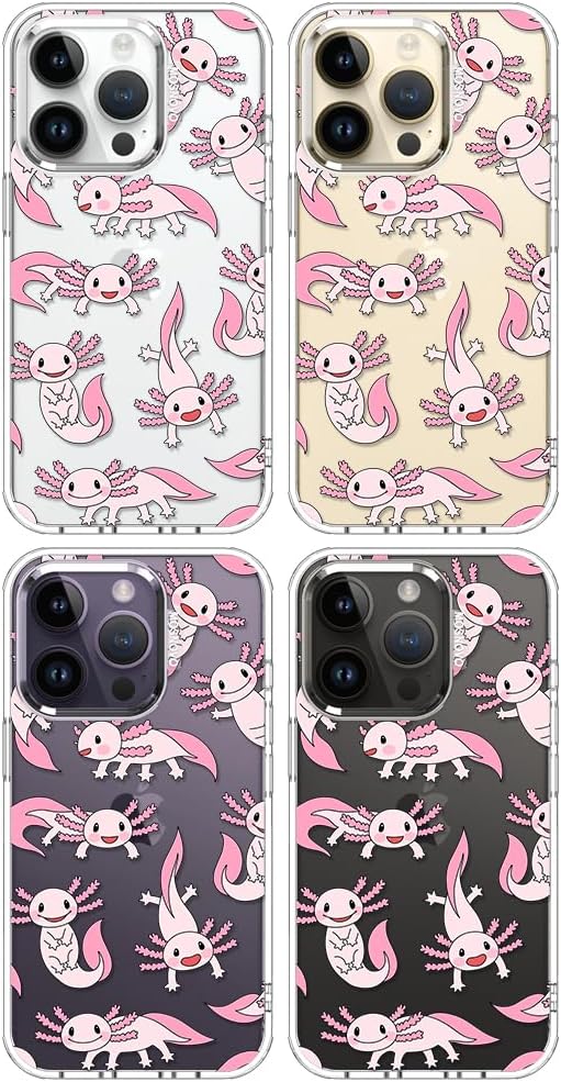 MOSNOVO Case for iPhone 14 Pro, [Buffertech 6.6ft Military-Grade Drop Protection] [Anti Peel Off Tech] Clear TPU Bumper Phone Case Cover Design - Pink Axolotl