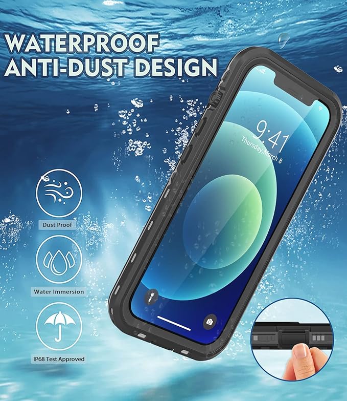 Design for iPhone 12 Waterproof Case, Full Body Shockproof & Dustproof Case with Screen Protector, Black