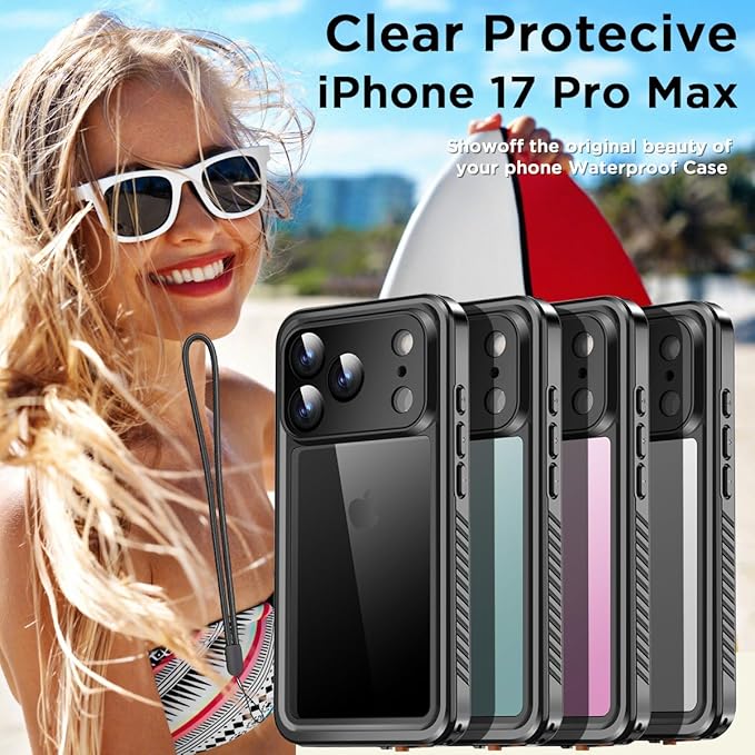 AICase Compatible with iPhone 17 Pro Max Case Waterproof, Clear Water Proof Built-in Screen Protector Shockproof Dustproof Snowproof Full Body Rugged Underwater Phone Case with Lanyard