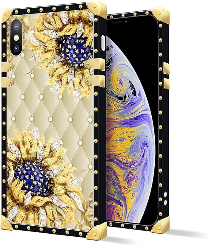 Compatible with iPhone Xs Max Case, Sunflower Diamonds Leather Luxury Golden Decoration for Girl Women Soft TPU Shockproof Protective Hard PC Back for iPhone Xs Max
