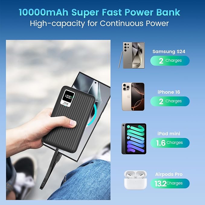 25W Super Fast Charging Portable Charger Power Bank with Built in Cable, 10000mAh Slim USB C Power Bank for Samsung Galaxy S26 Ultra/S26/S26+/S25 Ultra/S25/S24 Ultra/S24/S23 Ultra/S22 Ultra/Note 20