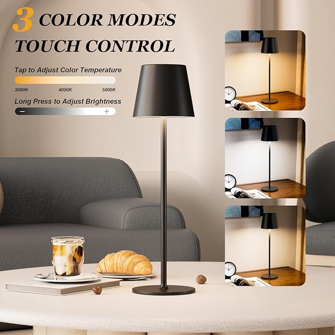 Kakanuo Cordless Table Lamp Rechargeable Black - KK 2 Pack 5000mAH Battery Operated Lamp for Counter, 3 Color Stepless Dimming Wireless Lamp for Dining Kitchen, Outdoor Patio, Touch Control