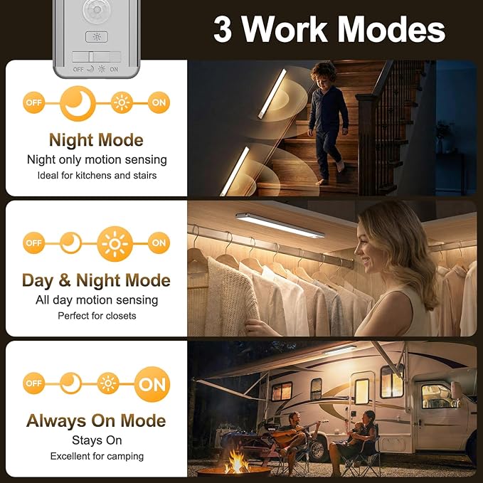 Reoshine 126 LED Under Cabinet Lighting Wireless, 2500mAh Rechargeable Closet Lights Motion Sensored, 3 Color Temps, Dimmable Magnetic Light Bar for Kitchen, Pantry, Stair (2 Pack)