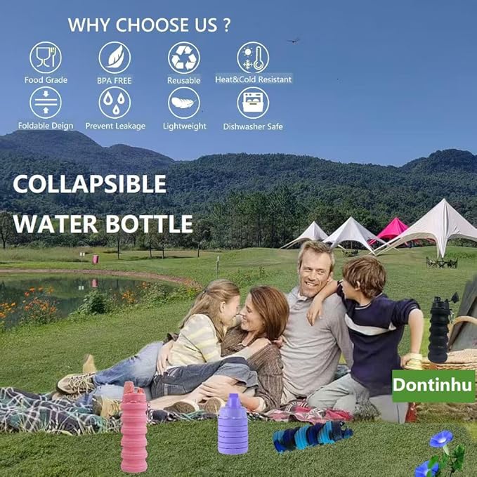 Collapsible Water Bottles 2 Pack Travel water bottle Sports Portable Water Bottle Reusable Water Bottles 500ml. (Black+Light Grey)