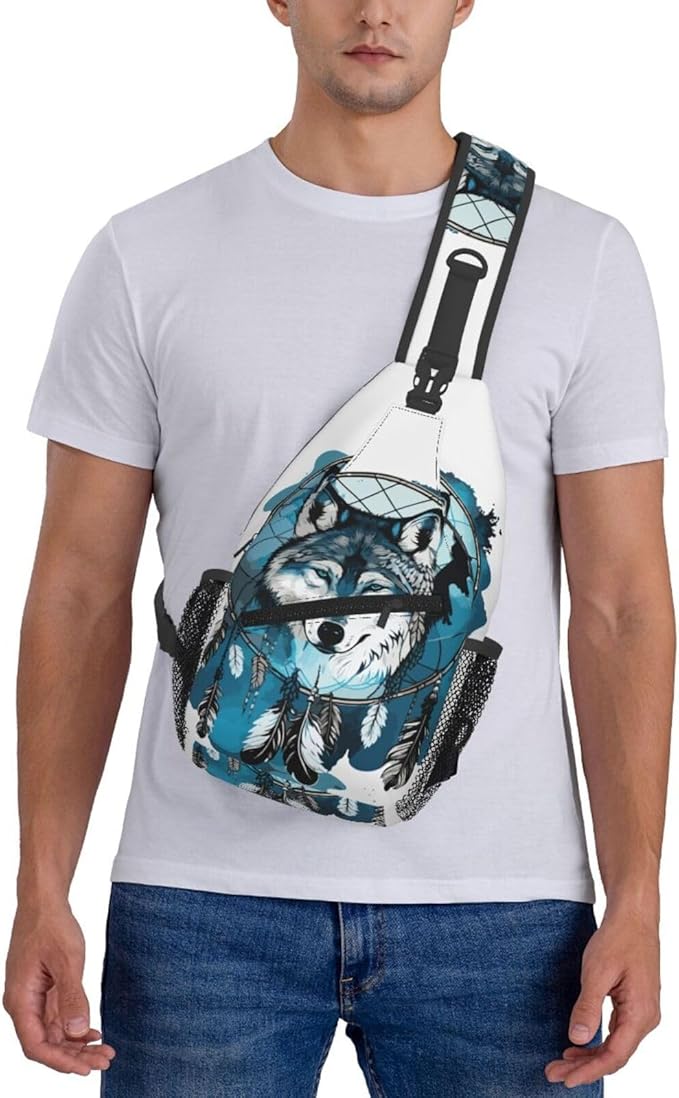 Native Wolf And Deam Catcher Sling Bag For Women Men Fashion Wolf Print Backpack Crossbody Shoulder Bag Sling Backpack Chest Bag Travel Hiking Casual Sport Daypack