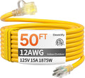 12 Gauge 50 FT Heavy Duty Outdoor Extension Cord Waterproof with Lighted End,Yellow 12 Gauge Extension Cord Flexible and Cold Resistant 3 Prong Grounded Plug,15Amp 1875W SJTW ETL Listed