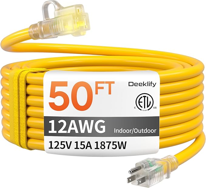 12 Gauge 50 FT Heavy Duty Outdoor Extension Cord Waterproof with Lighted End,Yellow 12 Gauge Extension Cord Flexible and Cold Resistant 3 Prong Grounded Plug,15Amp 1875W SJTW ETL Listed