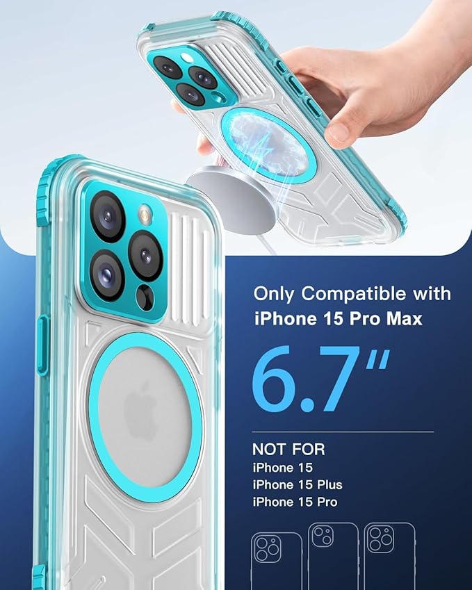 for iPhone 15 Pro Max Waterproof Case with Magsafe, Built-in [Camera & Screen Protector] [Lanyard], IP68 Water Proof Full Body Dustproof Heavy Duty Frosted Protective Phone Cover, 6.7" Teal