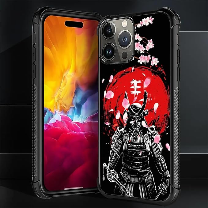 for iPhone 16 Pro Max Case, Sakura Japanese Samurai Pattern Graphic Design Girl Boy Soft Silicone Hard Acrylic Shock Protection for iPhone 16 Pro Max