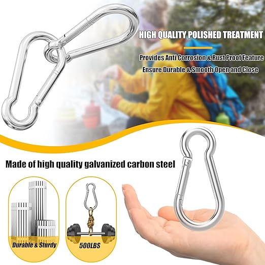 100PCS 3" Heavy Duty Spring Snap Hook, M8 5/16" Galvanized Steel Snap Hook Carabiner Quick Link Carabiner Clip, 500LBS Holding Capacity Quick Link Keychain for Swing Hammock Gym Outdoor
