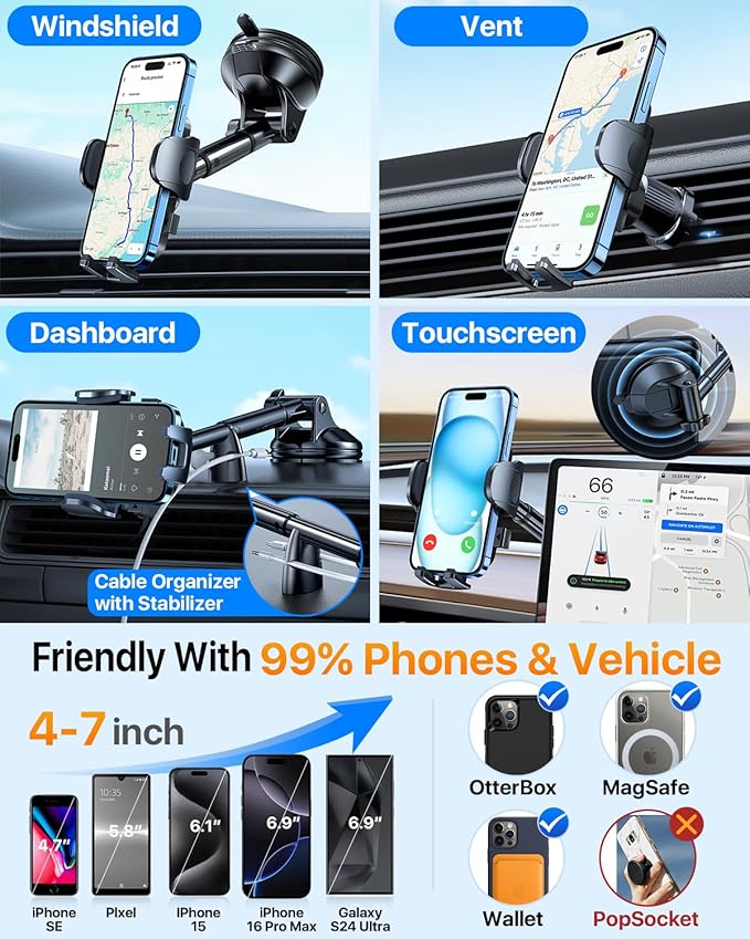 YRU True Upgrade for Safety Car Phone Holder Mount Patent & Military-Grade Dashboard Cell Phone Holder for Car Vent Windshield Phone Stand for iPhone 17 16 15 14 13 Pro Max Truck Samsung, Matte Black