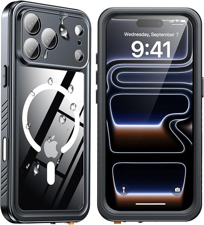 ANTSHARE for iPhone 17 Pro Max Case, Compatible with Magsafe, IP68 Waterproof Case, [Built-in Screen Protector] - 12 FT Military Dropproof - Full Body Heavy Duty Rugged Phone Cover - Black/Clear