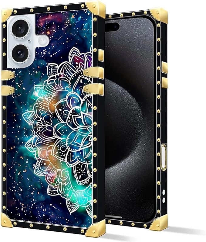 Compatible with iPhone 16 Plus Case, Starry Sky Colourful Mandala Luxury Golden Decoration for Girl Women Soft TPU Shockproof Protective Hard PC Back