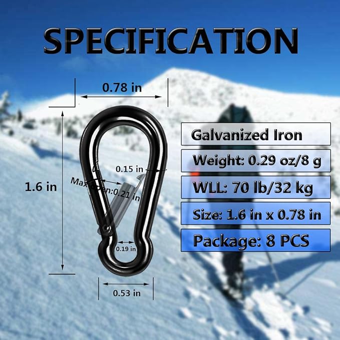 Black Carabiner Clip, Heavy Duty Spring Snap Hook Quick Link for Outdoor Camping, Hiking, Fishing, Swing Set, Hammock, Keychain