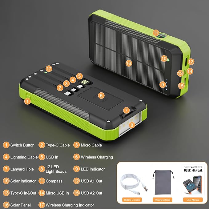 Solar Power Bank 33800mAh with Super Bright LED Flashlight, Built-in 4 Cables & Wireless Charging, Portable Charger with Compass, 7 Outputs & 4 Inputs for Camping/Hiking(Green)