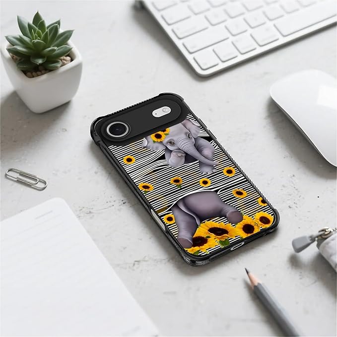 for iPhone 17 Air Case,for MagSafe Graphic Design for Girl Boy Soft Silicone Hard Acrylic Shock Protection Designed for iPhone 17 Air Cute Little Elephant Sunflower White Line Art Pattern