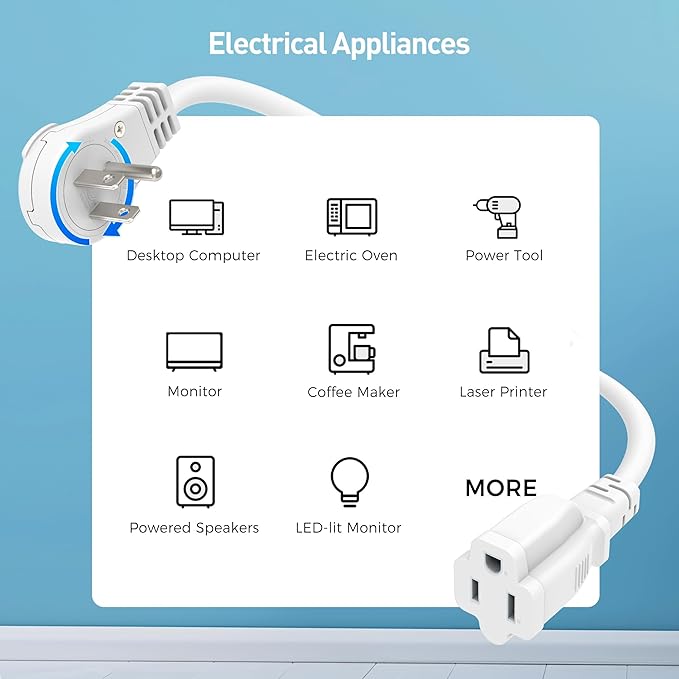 [ETL Listed] Cable Matters 2-Pack 16 AWG 360° Rotating Flat Plug Short Extension Cord - 1ft, 13A/1625W, Low Profile 3 Prong Power Extension Cords, NEMA 5-15P to NEMA 5-15R, White